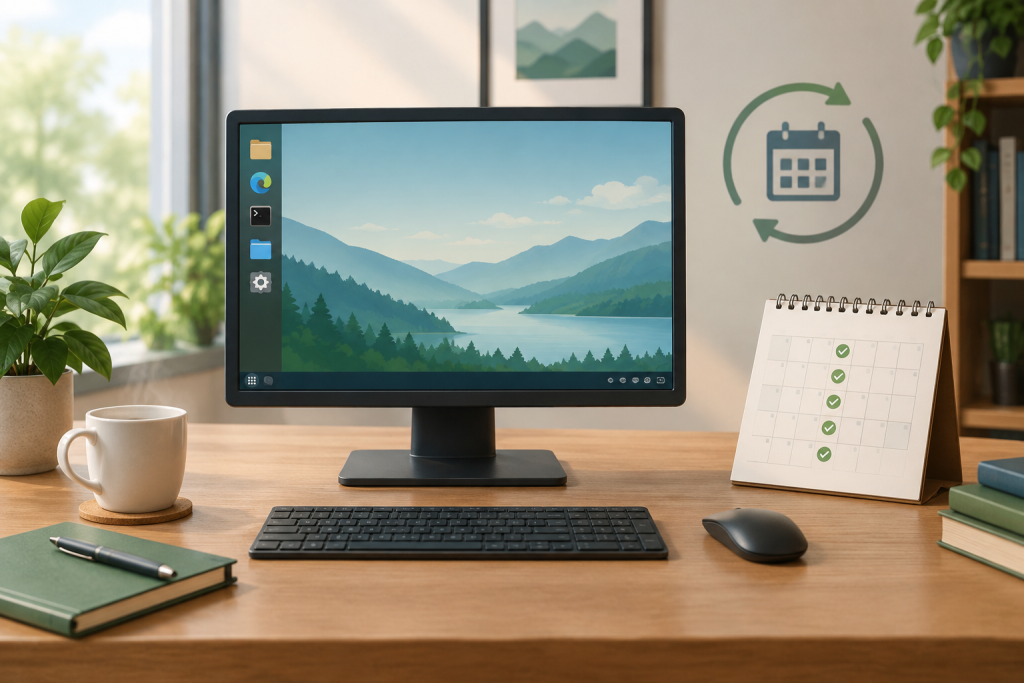 An editorial illustration of a Linux desktop beside a simple calendar with one annual milestone, suggesting a more deliberate release cycle.