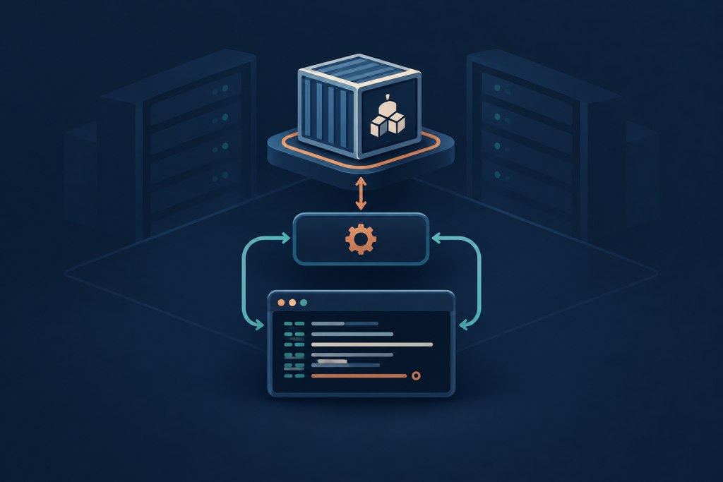 An editorial illustration of a container process running inside a server while a small monitoring layer carries its input, output and status to a terminal and log stream.