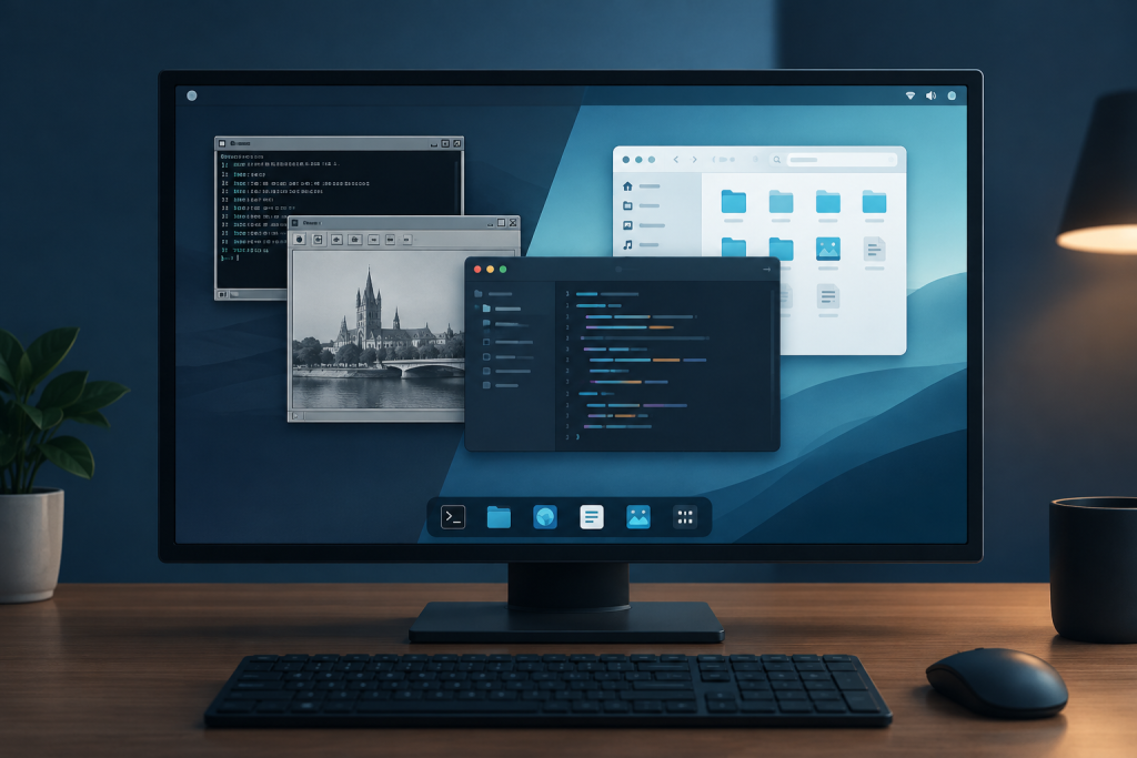 Editorial illustration of a modern Linux desktop, with familiar application windows carried into a Wayland environment while an older session fades from view.