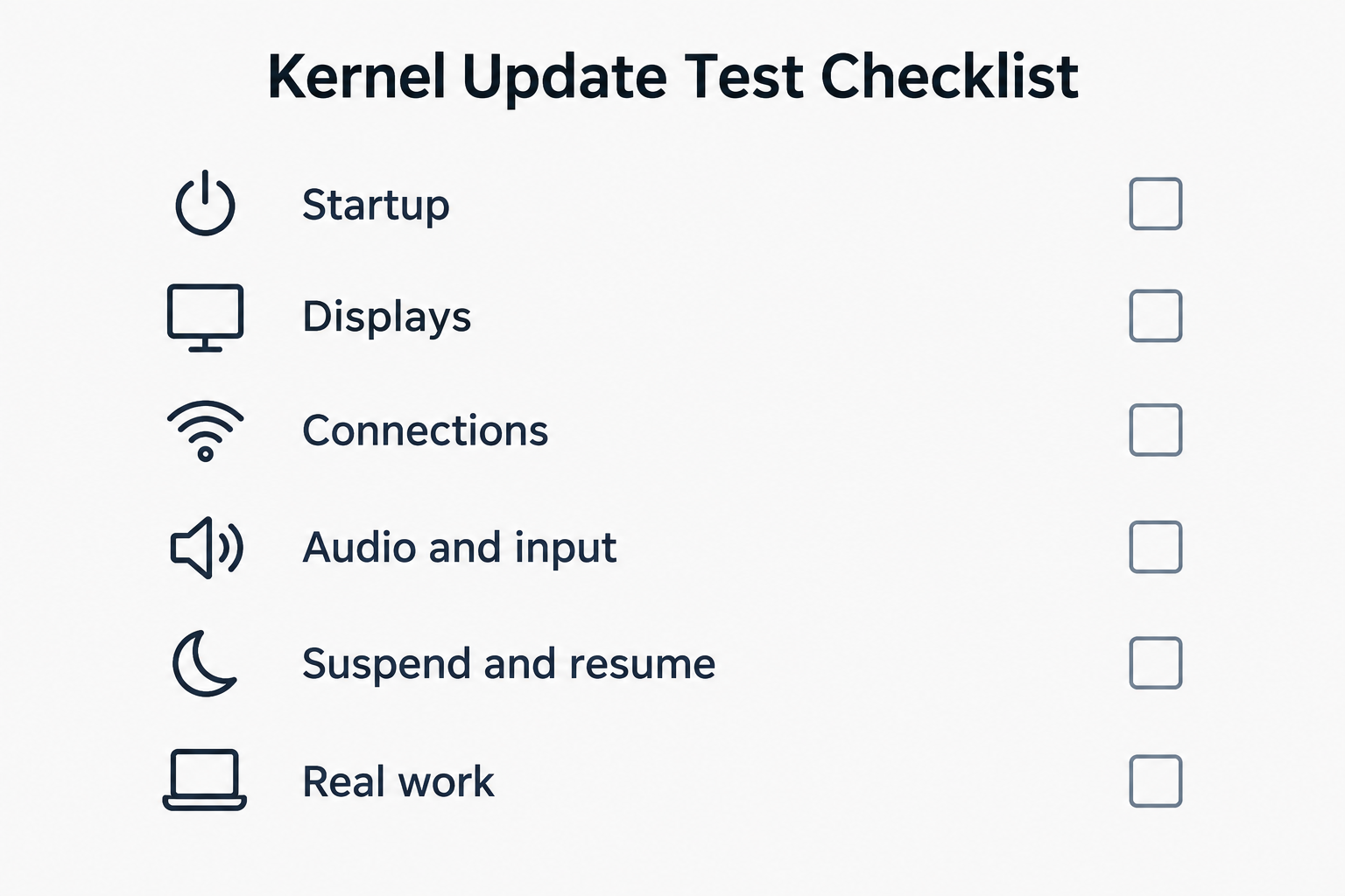 A clean, labeled checklist groups a desktop kernel update test into startup, displays, connections, audio and input, power transitions, and representative work.