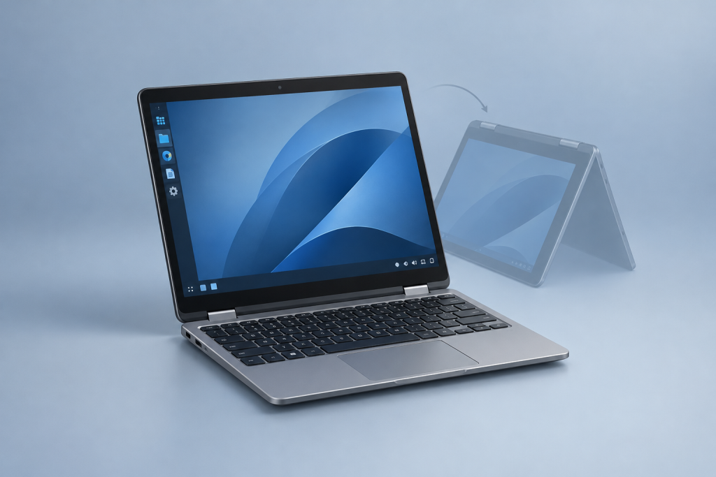 An editorial illustration of a compact convertible laptop shown partly open in laptop mode, with its screen displaying a quiet Fedora KDE-style desktop and a subtle suggestion of its folded tablet mode nearby.