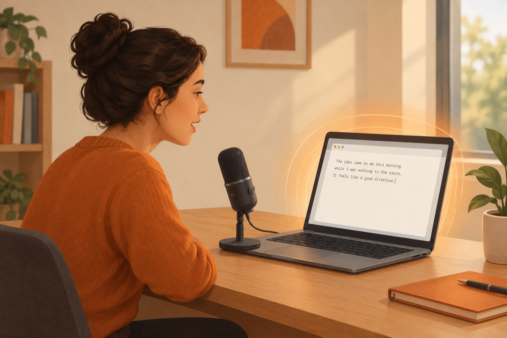 An editorial illustration of a person speaking softly toward a small desktop microphone while words appear in a text editor on a laptop, suggesting speech-to-text processed locally.