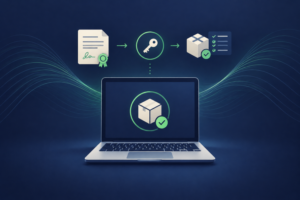 An editorial illustration of a computer receiving a software update through a clearly defined chain of cryptographic verification, with subtle quantum-inspired geometry in the background.