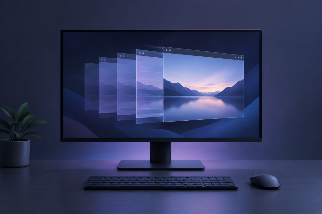 Editorial illustration of a desktop display showing a fluid window transition, with a restrained sequence of rendered frames moving through a graphics pipeline toward the screen.