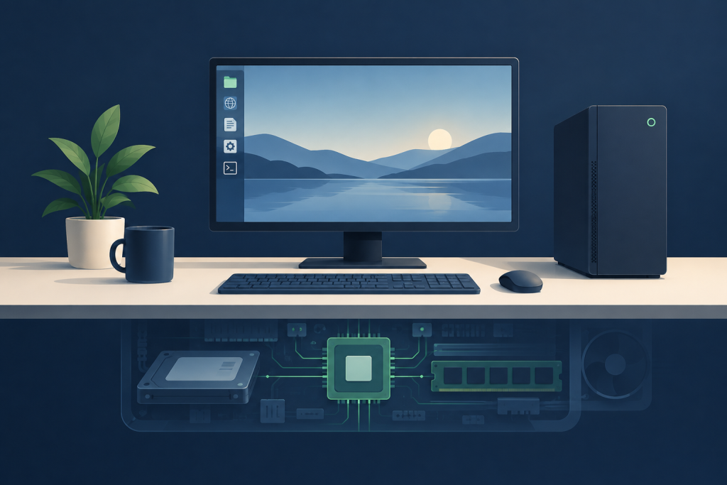 An editorial illustration of a desktop computer with a subtle layered view suggesting the kernel beneath the familiar screen, keyboard, and connected hardware.