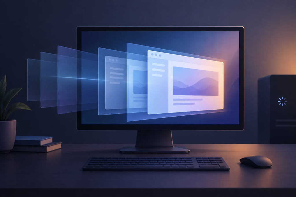 An editorial illustration of a desktop display showing a window transition, with a restrained sequence of luminous frame panels aligned toward the screen to suggest carefully timed presentation under background activity.