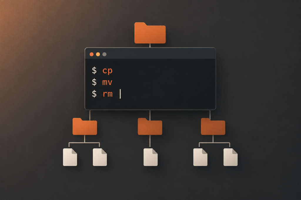 A restrained editorial illustration of a terminal displaying cp, mv and rm above a clear layered view of a file tree, with a subtle Rust-colored glow beneath the familiar interface.